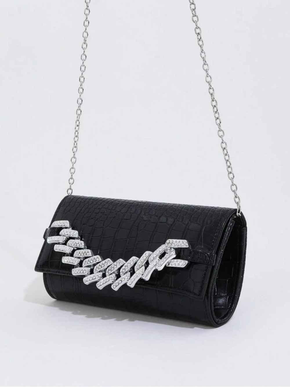 SHEIN Black Croc-Embossed Wristlet with Silver Chain Accent